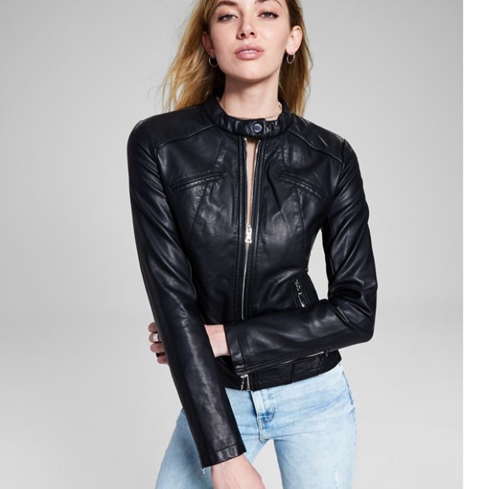 Guess NWT Band Collar Faux Leather Jacket